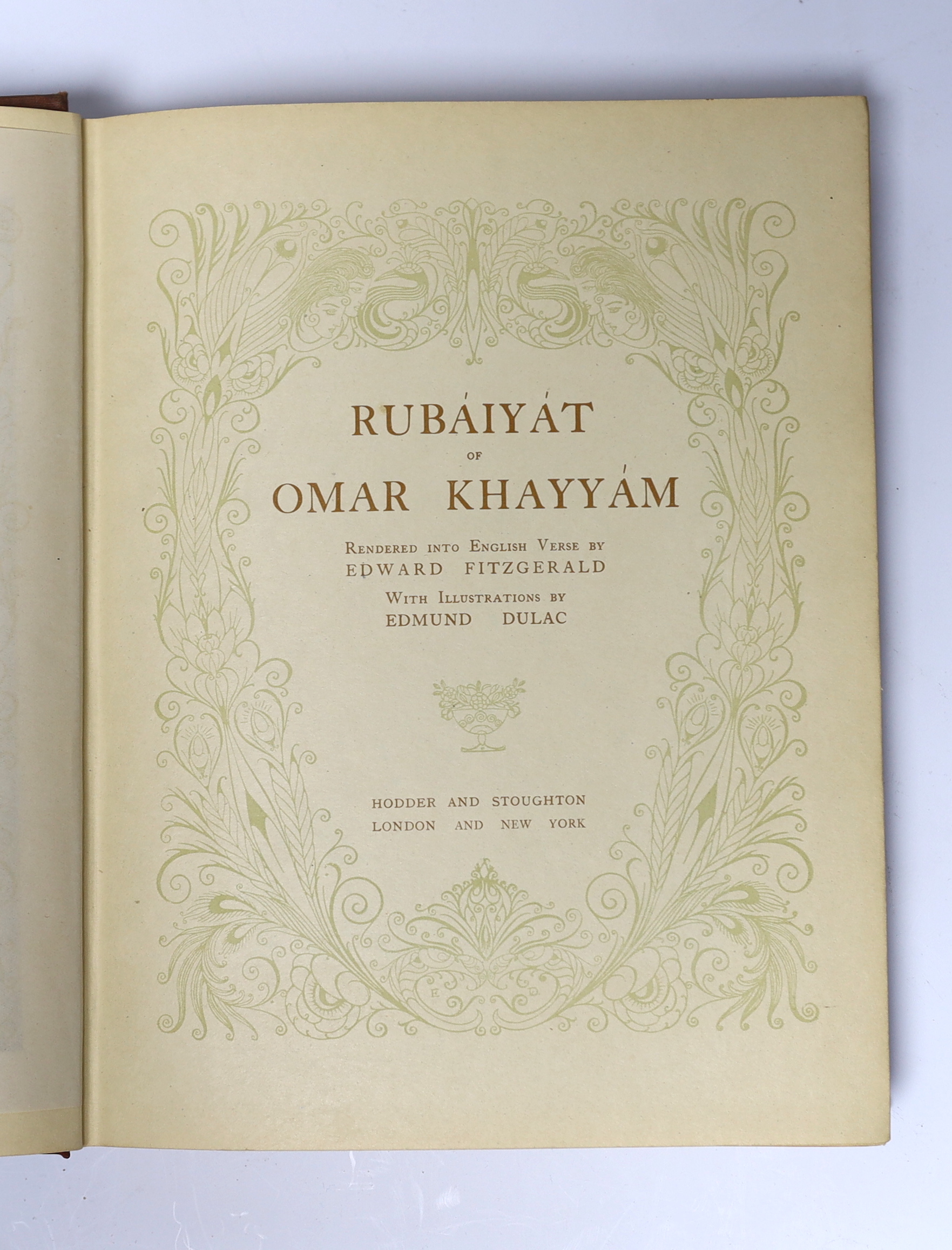 Fitzgerald, Edward - Rubaiyat of Omar Khayyam...With illustrations by Edmund Dulac. decorated title and 20 coloured plates, mounted and captioned within decorated border; original gilt decorated red buckram, 4to. Hodder